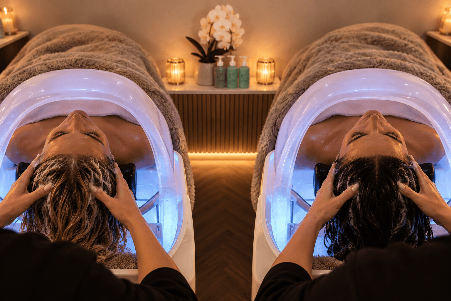 Two guests enjoying a side-by-side Cloud 9 head spa experience