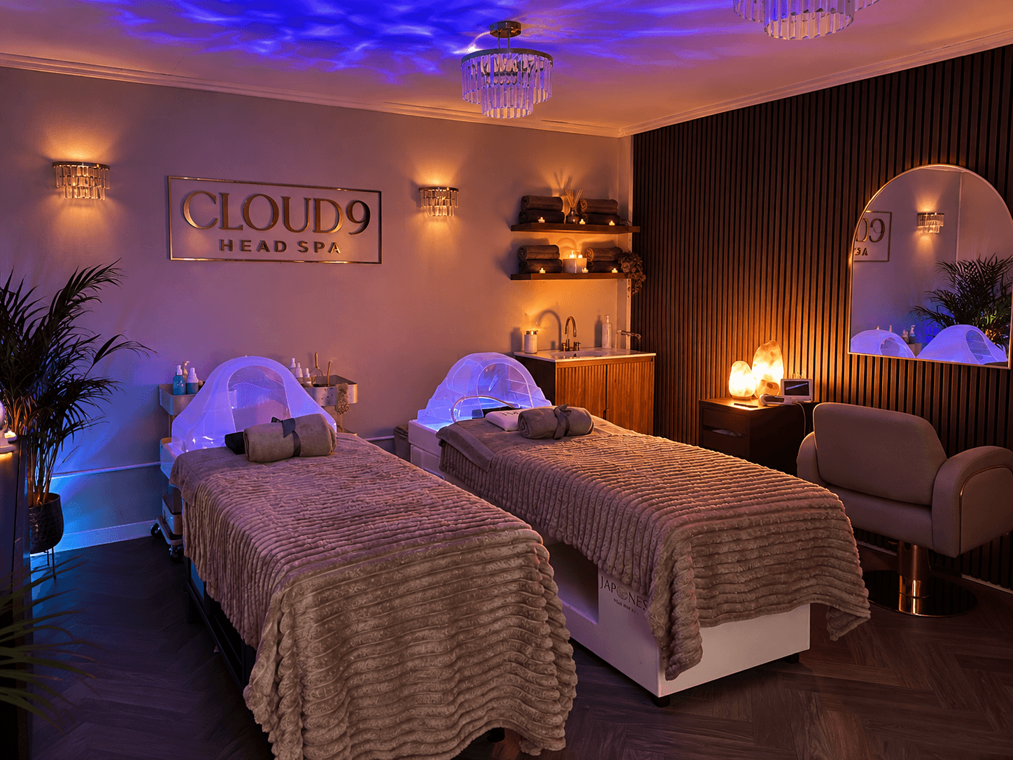 Cloud 9 Head Spa treatment room in evening lighting