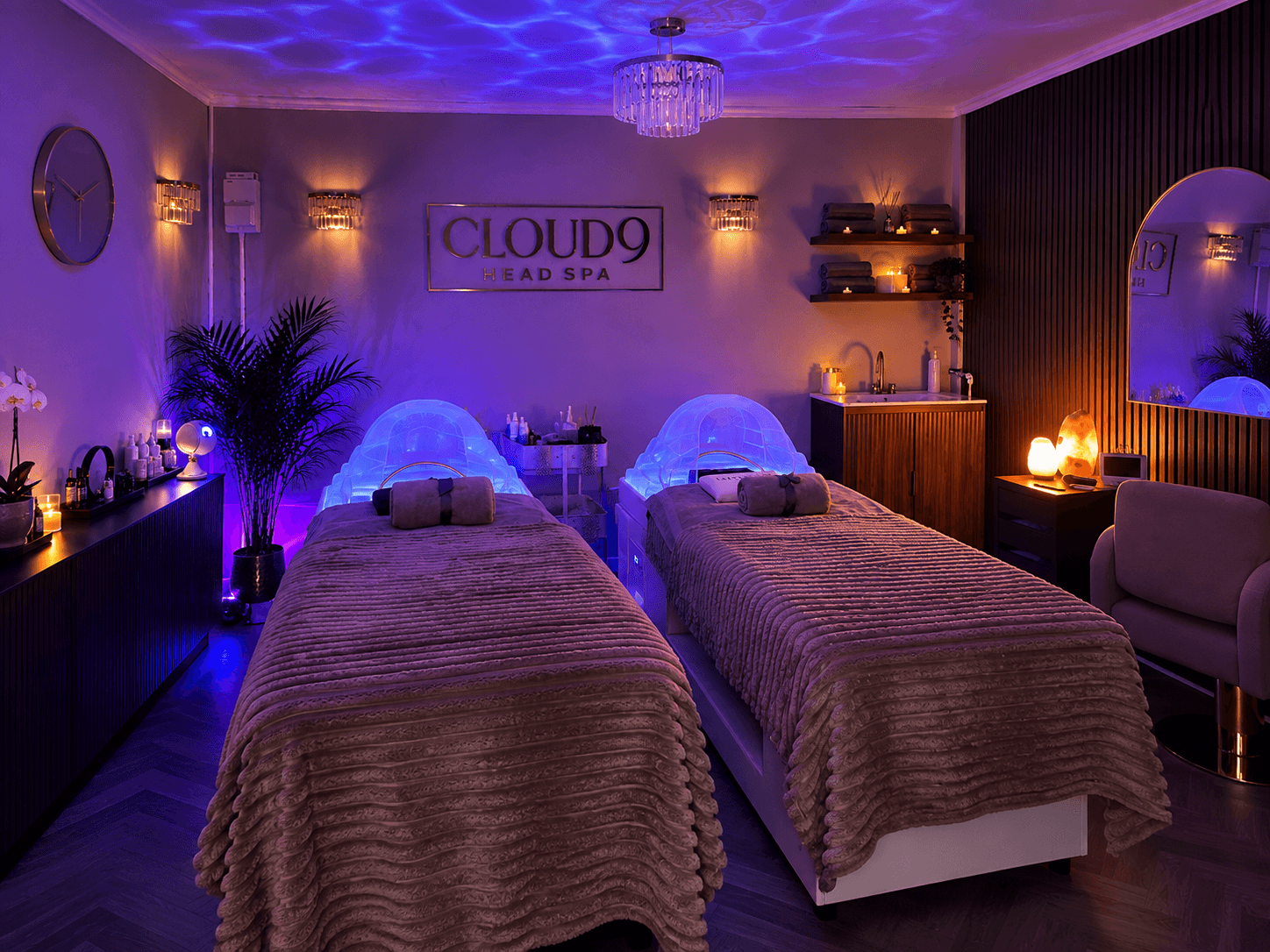 Cloud 9 Head Spa treatment room with evening ambience